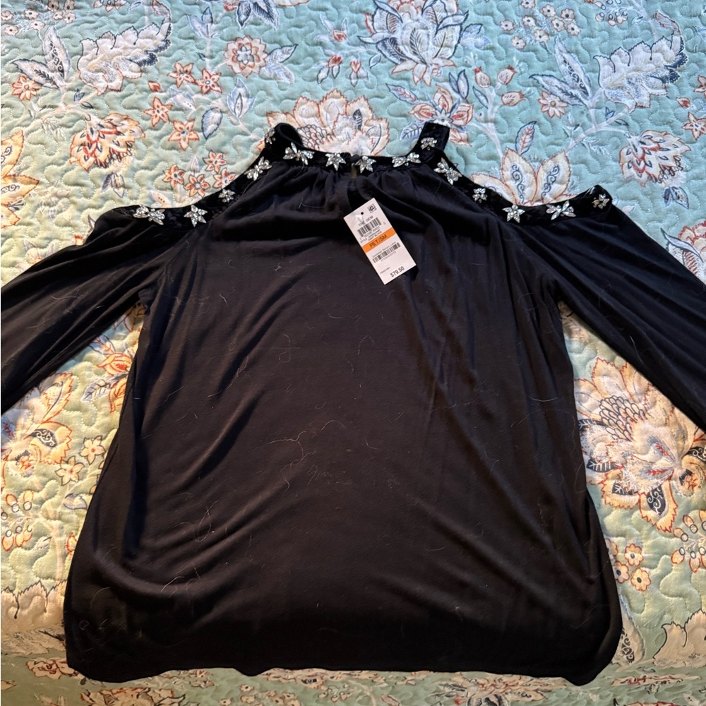 INC deep Black Cold Shoulder Crystal Embellishments Women’s Top Petite Small